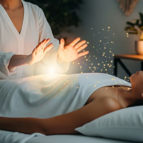 LP-Sanacion-Bioenergetica-U mujer canalizando energía de sanación para otra persona en la camilla con Bioenergética Universal